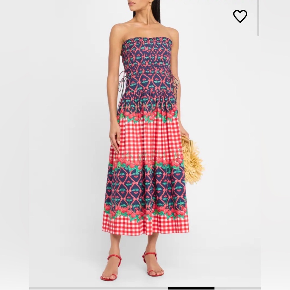 Strapless Mixed-Print Midi Dress in Red and Navy